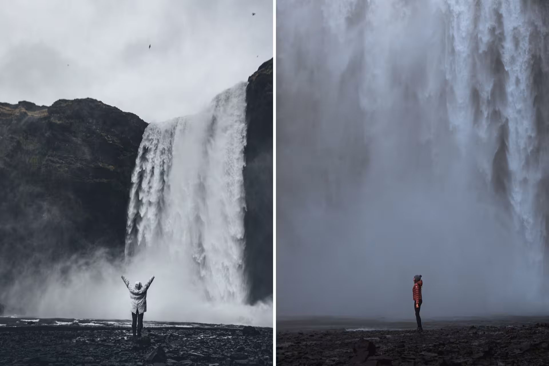 Two travelers standing before massive Skógafoss waterfall on Iceland's south coast, surrounded by mist