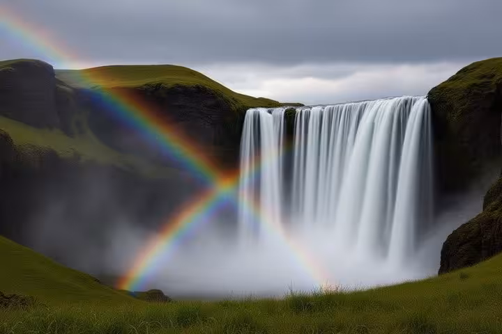 Rainbow arching over Skógafoss waterfall with misty spray and green cliffs on Iceland's south coast