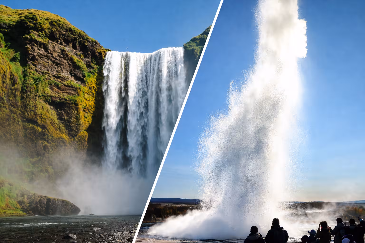 Skógafoss waterfall and Strokkur geyser erupting on Iceland's Golden Circle South Coast tour