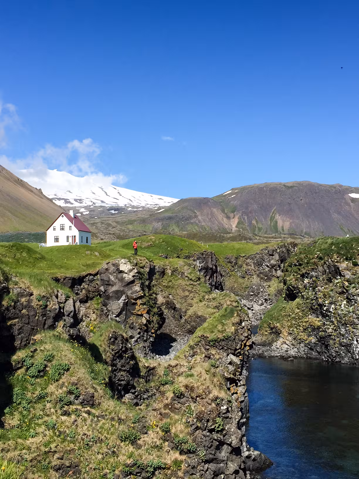White house with red roof on green cliffs above rocky coastline with snow-capped Snæfellsjökull volcano behind