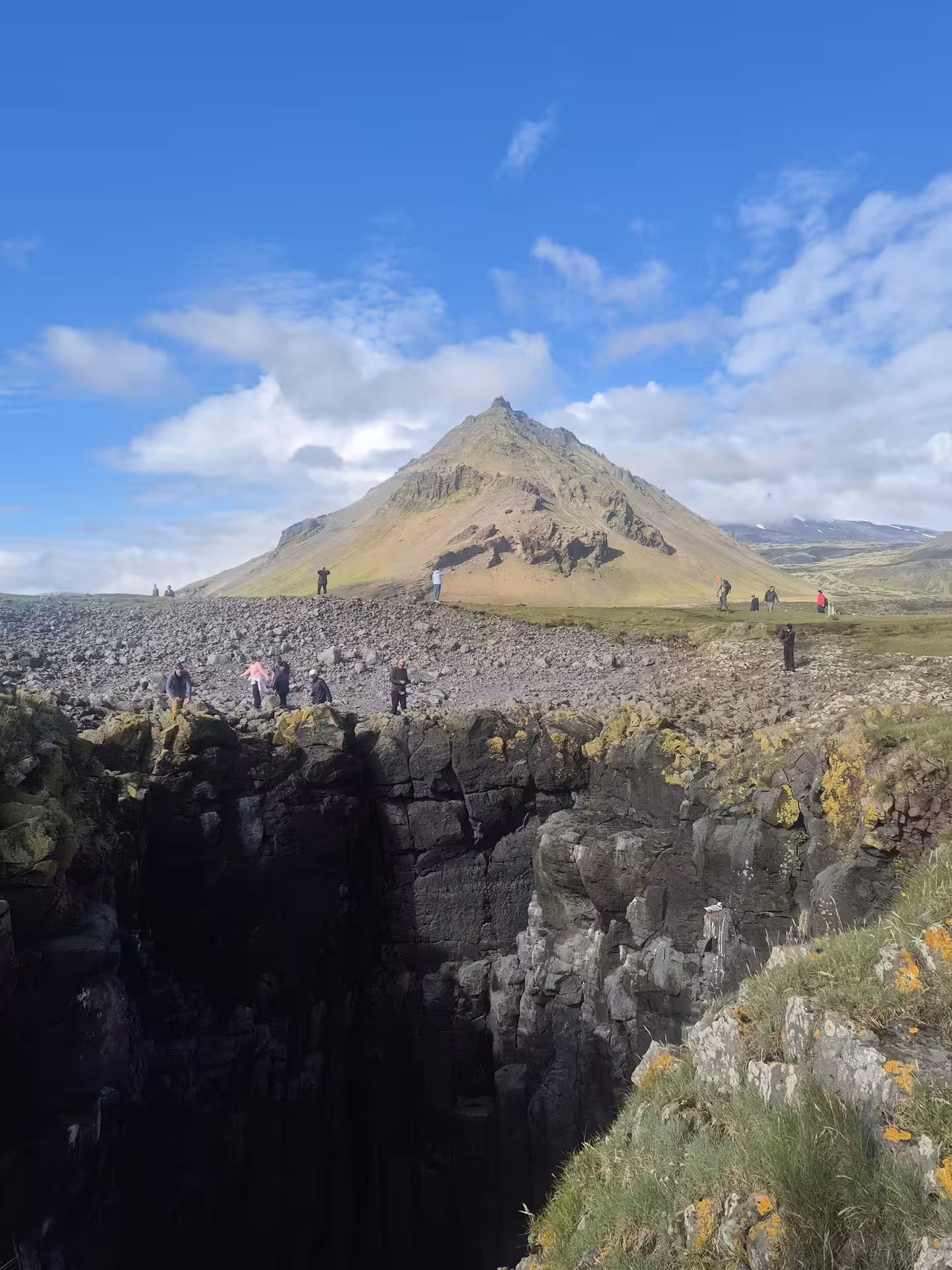 Rocky coastal cliffs and iconic pyramid-shaped Kirkjufell mountain on Snaefellsnes Peninsula, Iceland