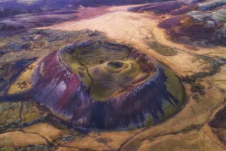 Aerial view of a colorful volcanic crater cone on the Snaefellsnes Peninsula, Iceland