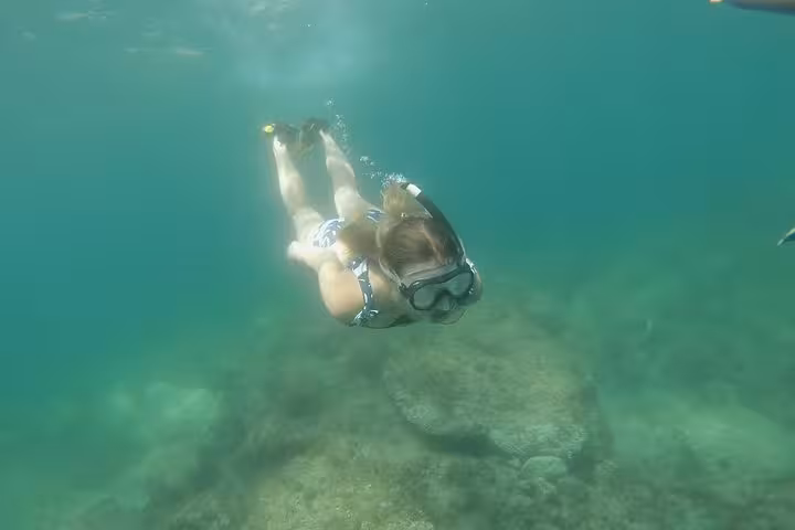 Underwater view of a snorkeler on the Rando-Palmée island tour, exploring clear turquoise sea and rocks