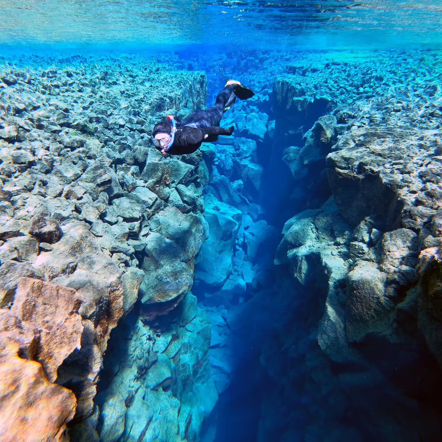 Snorkeler explores the clear waters of Silfra fissure in Iceland, showcasing vibrant underwater rock formations.