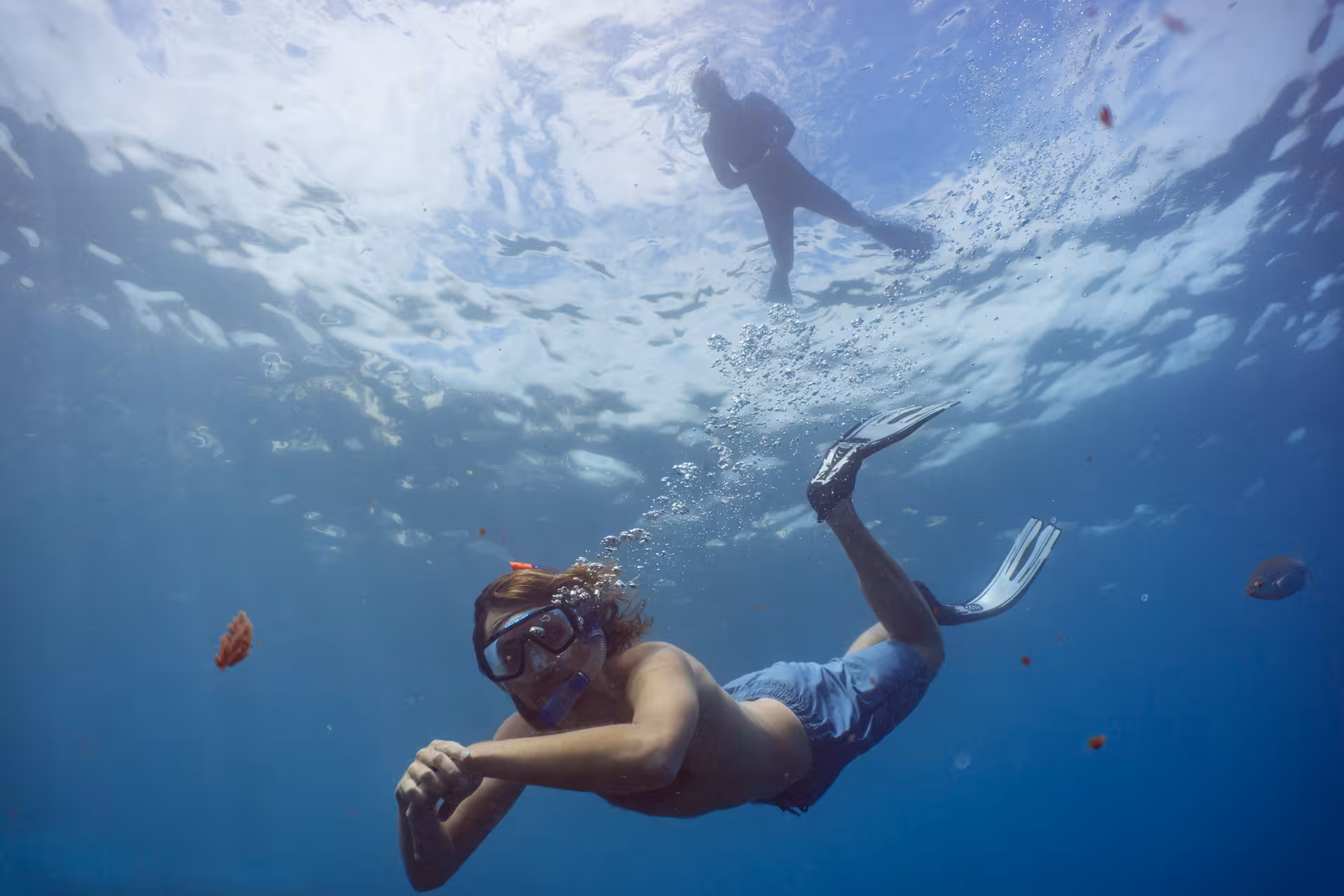Snorkeler gliding underwater with fins in clear blue ocean during eco-park snorkeling adventure from shore.
