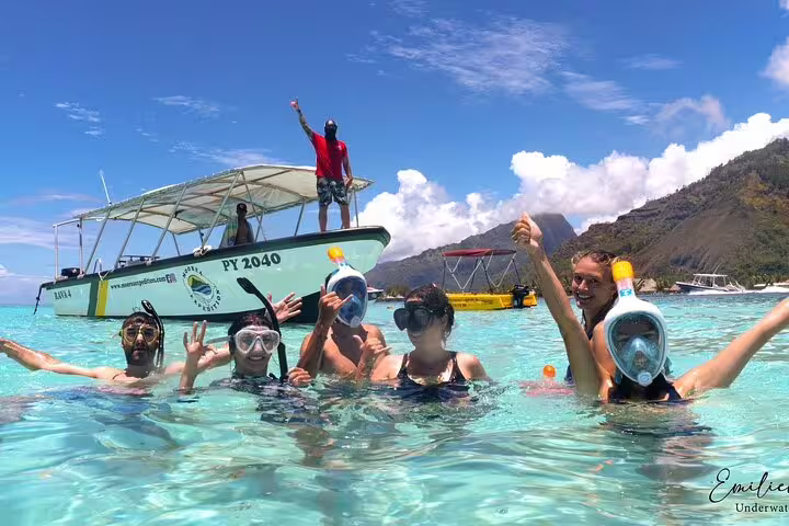 Snorkelers posing in turquoise lagoon waters near tour boat PY2040 in Moorea, French Polynesia