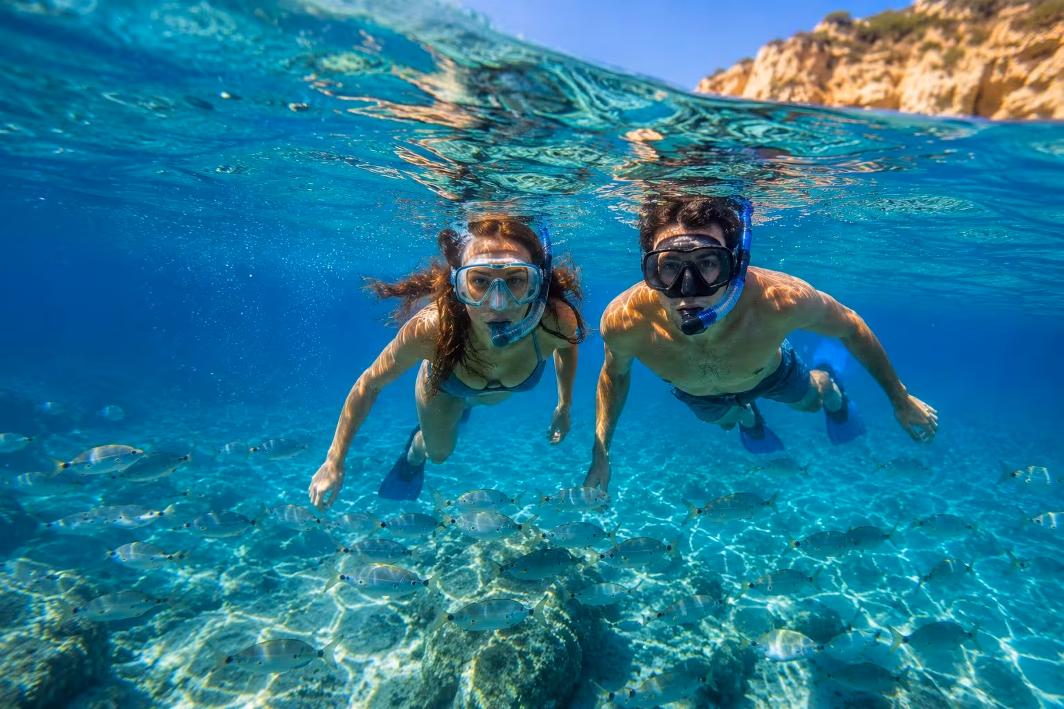 Couple snorkeling in crystal-clear turquoise waters near Ponta da Piedade sea caves on a Lagos boat tour