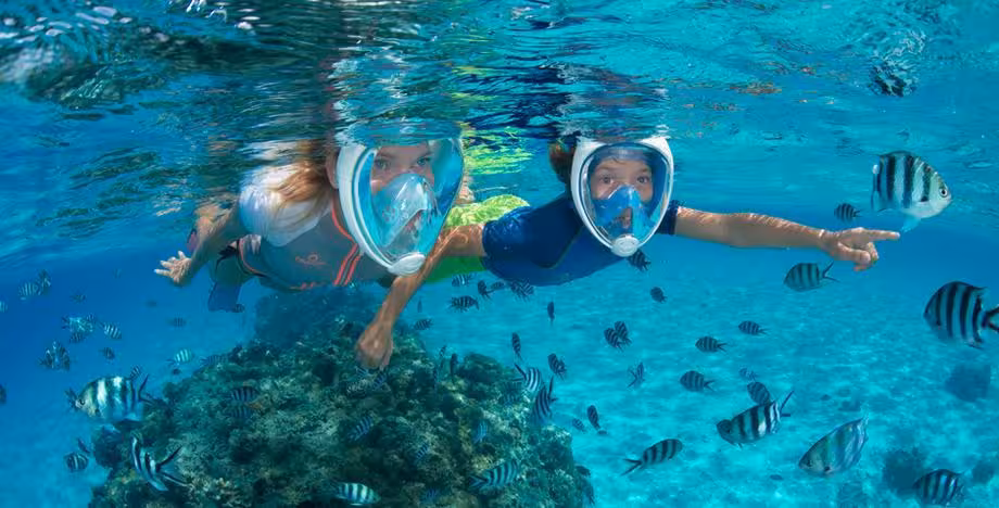Two snorkelers wearing full-face masks swimming underwater with tropical fish near coral reef in Hurghada