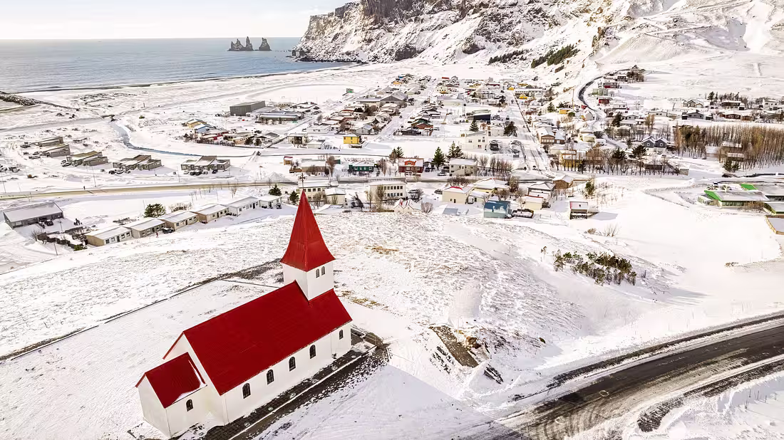 A picturesque Icelandic village covered in snow