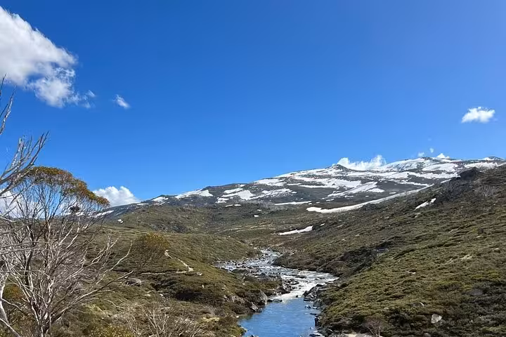 Scenic view of snowy peaks and a winding river under a clear blue sky in Snowy Mountains, NSW private tour.