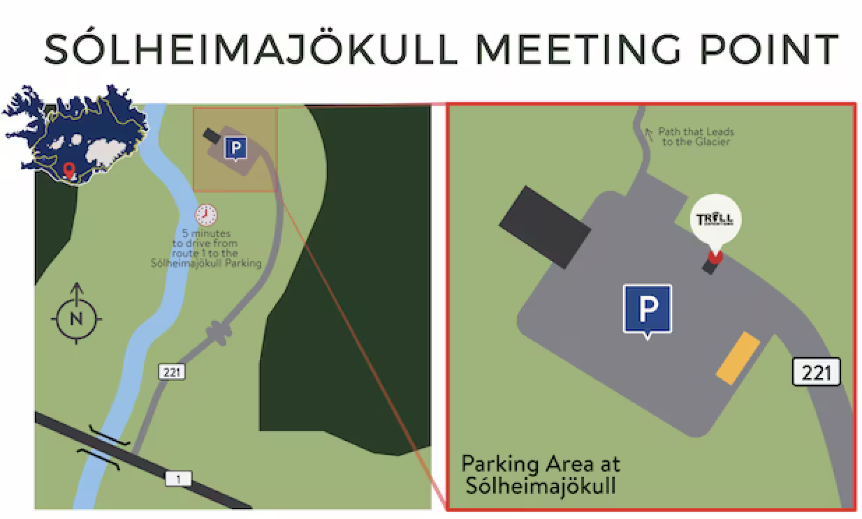 Meeting point map for Sólheimajökull glacier showing parking area on route 221, 5 minutes from Ring Road 1
