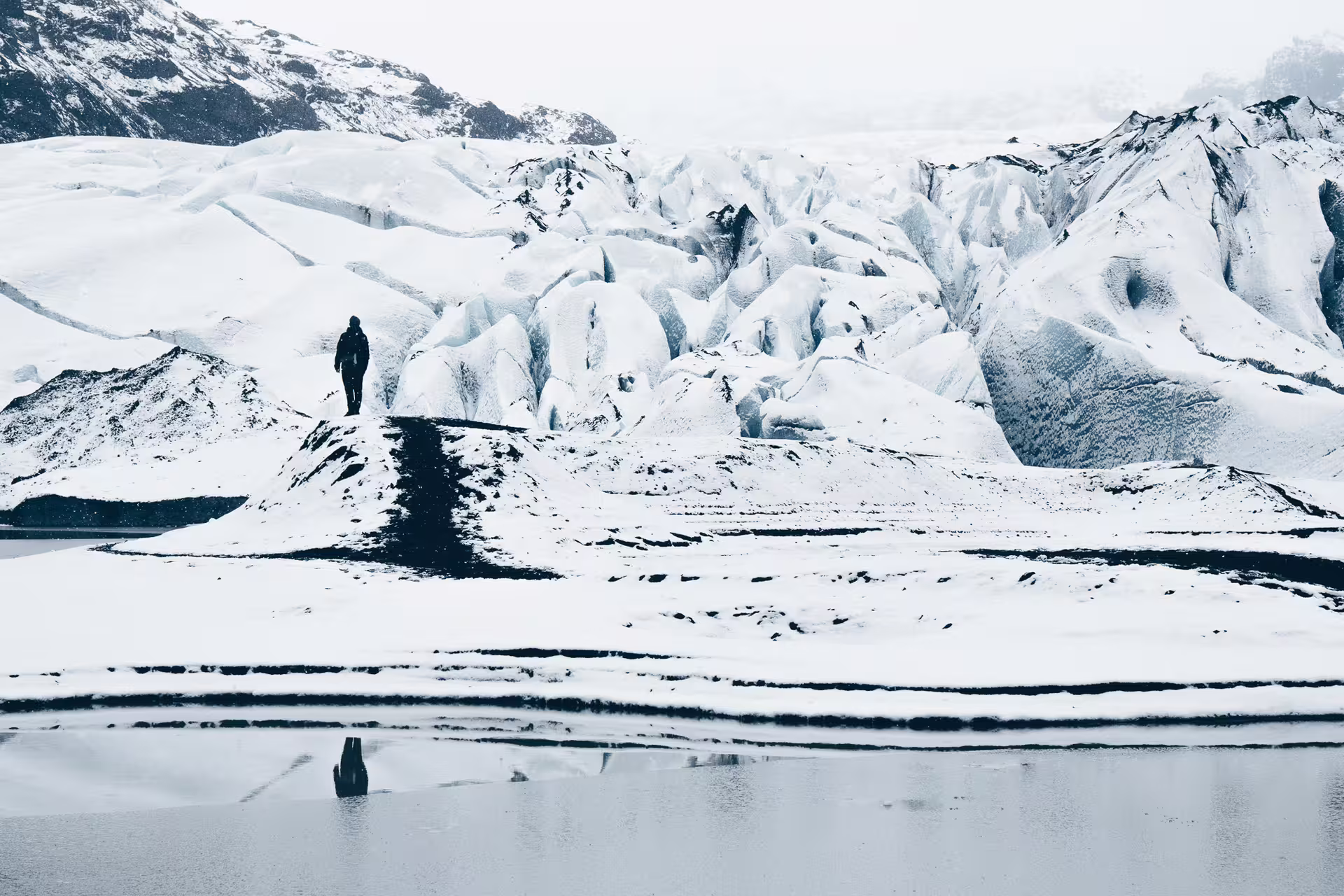 Walking towards Sólheimajökull glacier in new fallen snow