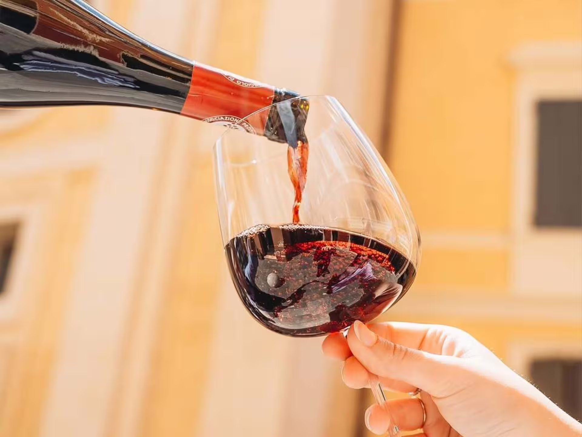 Sommelier pours Lambrusco red wine into glass during luxury wine tasting in Modena city center, Italy