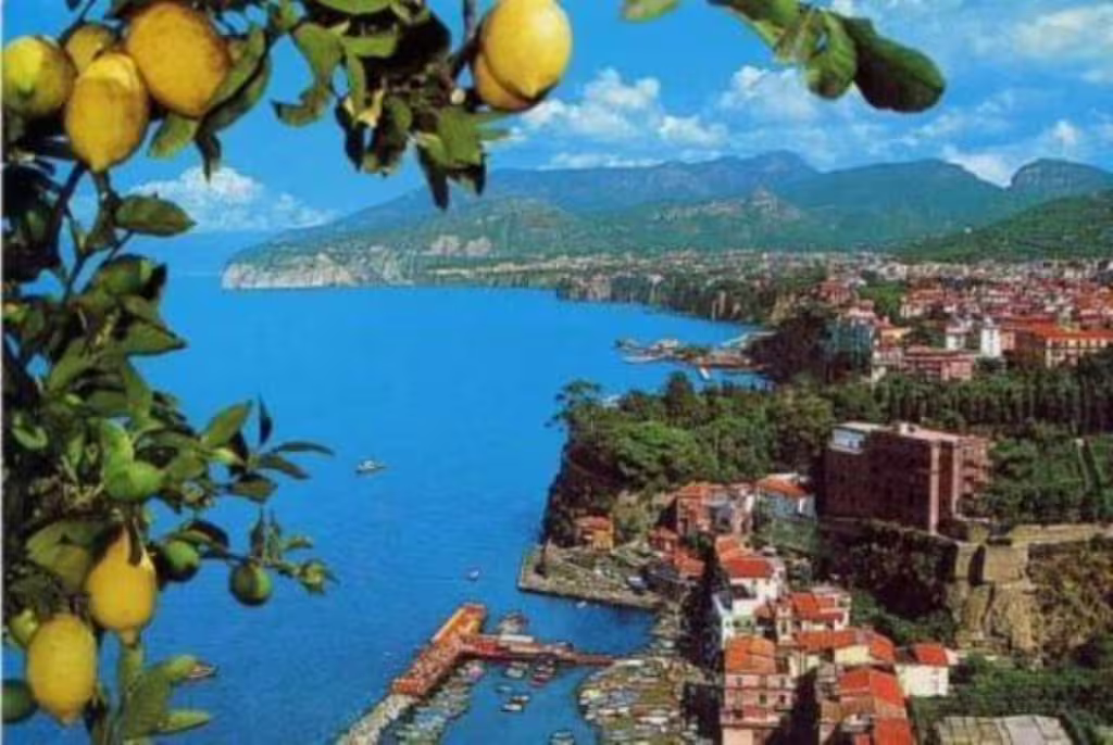 Panoramic view of Sorrento coast with lemon trees, colorful cliffs and blue sea on the Sorrento Pompei Vesuvio tour