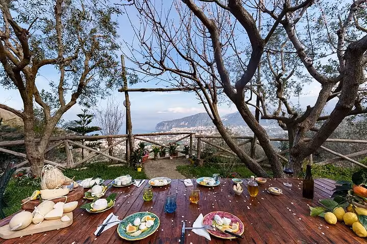 Rustic outdoor table set with fresh cheese and pizza overlooking scenic countryside, perfect for a farm-to-table adventure.