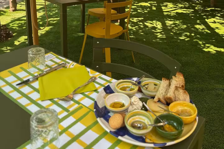 Table set for Sorrento lemon tasting with local delicacies under a lush lemon grove canopy.