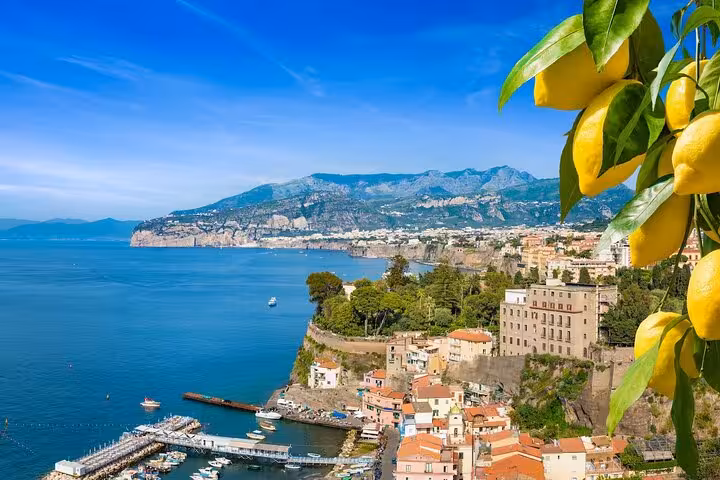 Scenic view of Sorrento with lemons in the foreground, ideal for a guided tour featuring local food and limoncello.