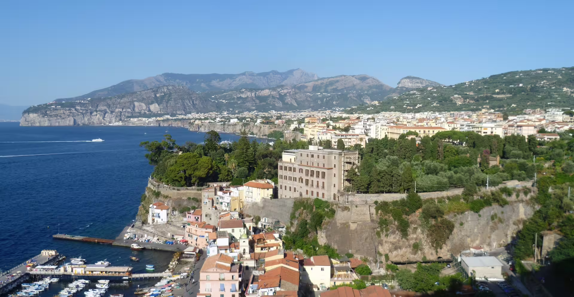 Panoramic Sorrento coastline and hillside townscape on Naples to Sorrento Positano Amalfi Coast group tour