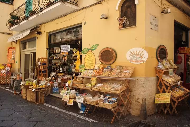 Charming Sorrento shopfront displaying local Italian goods, perfect for exploring on a Hercolaneum, Pompeii, Sorrento tour.