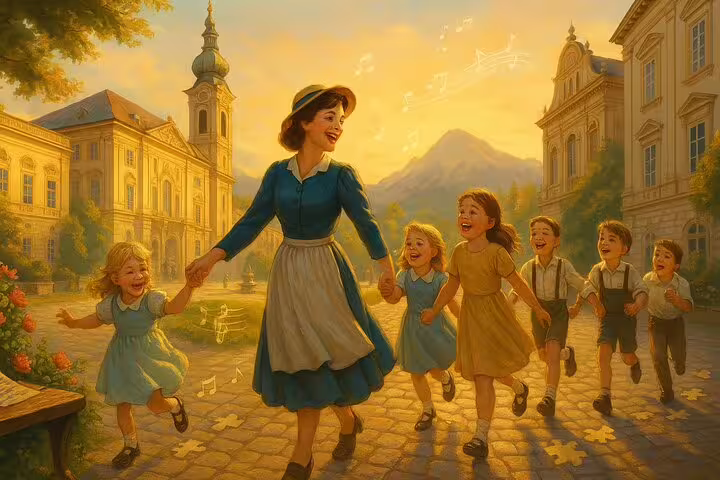 Woman in blue dress leading laughing children through sunny Salzburg courtyard with musical notes floating in air