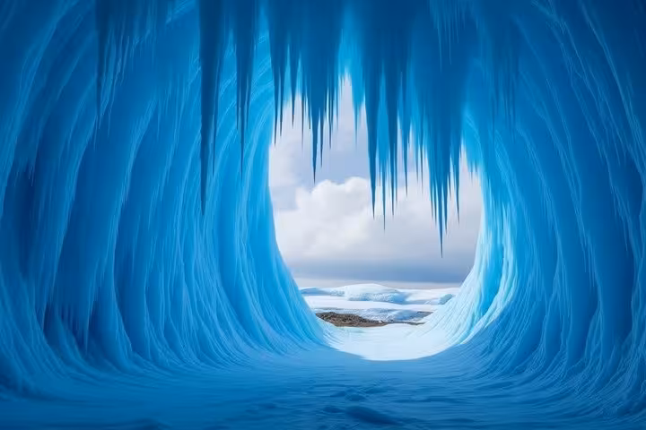 Blue glacial ice cave with icicles framing a snowy Icelandic landscape beyond