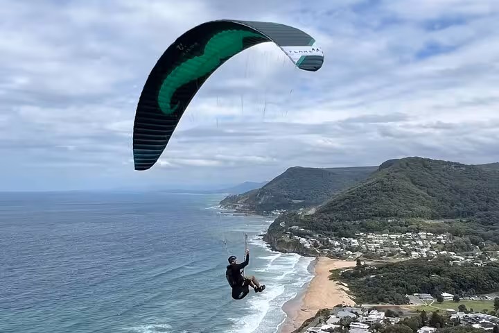 Paraglider soaring over scenic South Coast beach and lush hills on a private daily group tour adventure.