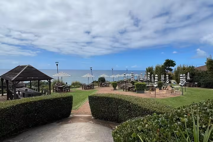 Charming seaside dining with ocean views and manicured gardens on the South Coast private tour.