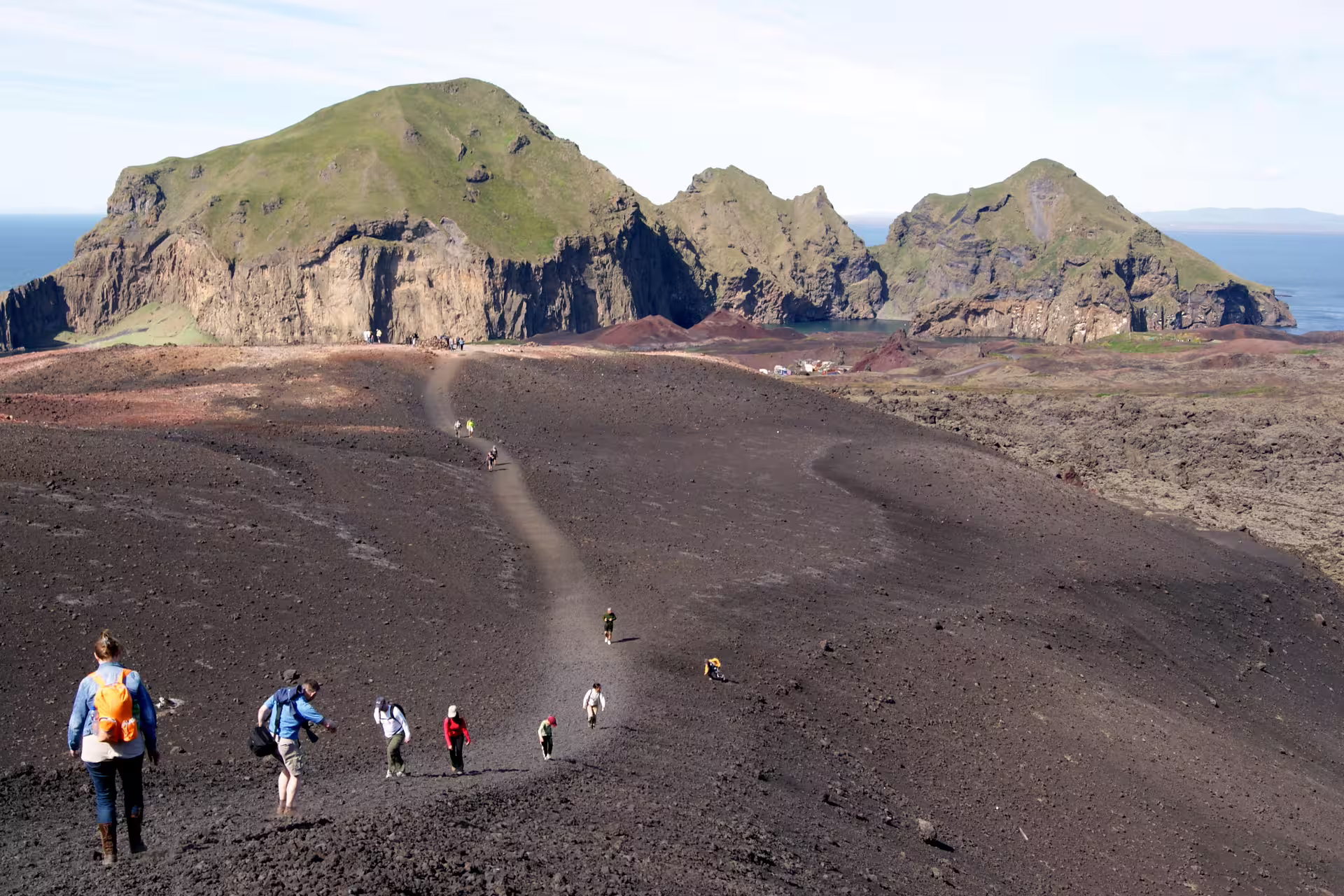 Hikers trekking across black volcanic lava fields toward green coastal cliffs in South Iceland