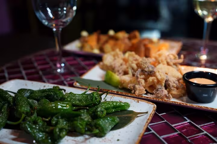 Assorted Spanish tapas including padrón peppers and fried calamari with dipping sauce, elegantly presented in Barcelona.