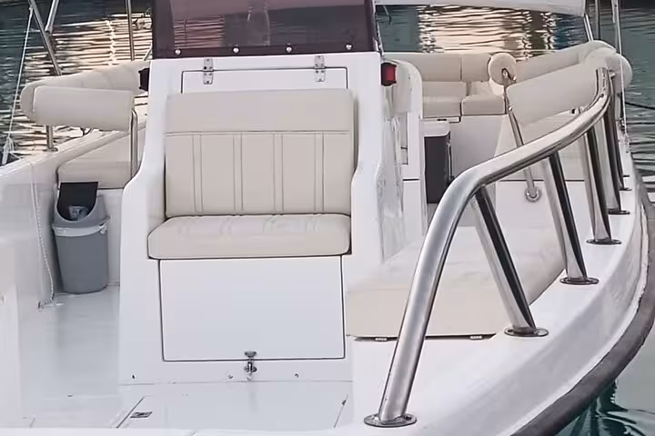 Comfortable speed boat seating and deck area, ideal for a dolphin watching tour and private sea cruise