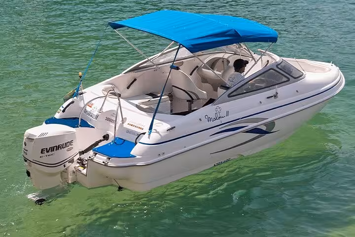 Stylish speedboat with blue canopy cruising over Paraty's vibrant green waters, perfect for a private boat tour experience.