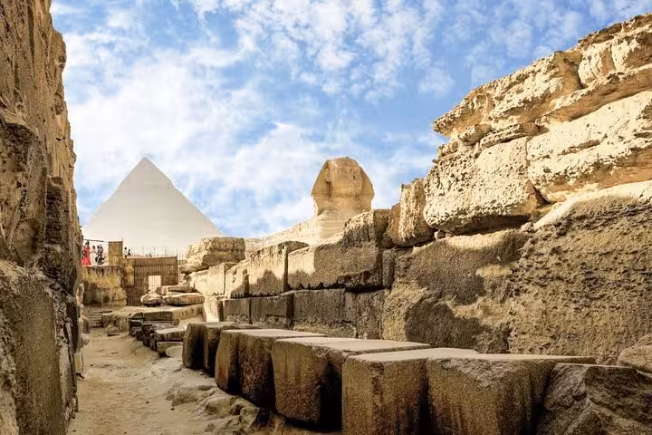 Sphinx and Great Pyramid viewed from Giza quarry path, highlight of 3-day private Cairo Alexandria tour