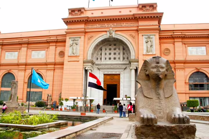 Sphinx statue outside the Egyptian Museum in Cairo, highlight of 2-day pyramids and museums tour package