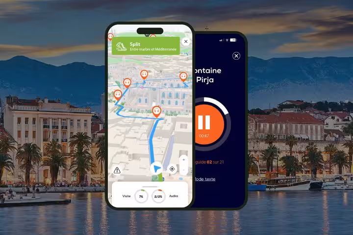 Self-guided audio tour app showing Split Croatia walking route map with audio playback screen