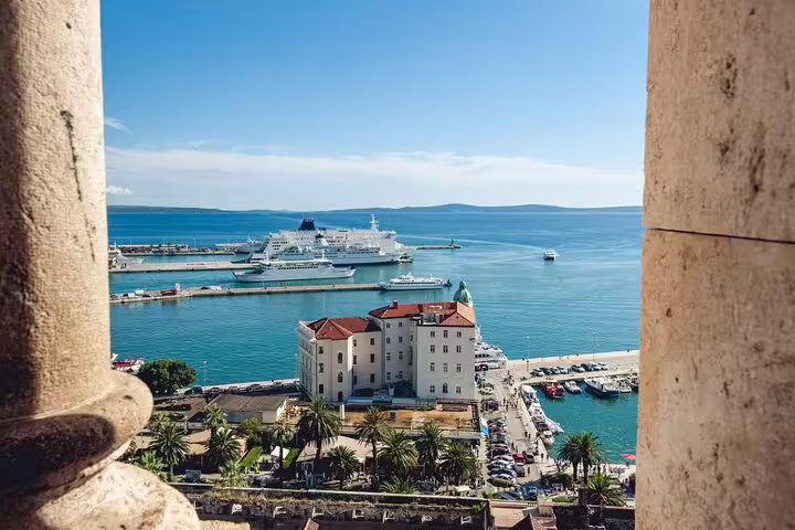 Split harbor viewpoint with cruise ship and Adriatic Sea, scenic clue stop on a self-guided scavenger hunt