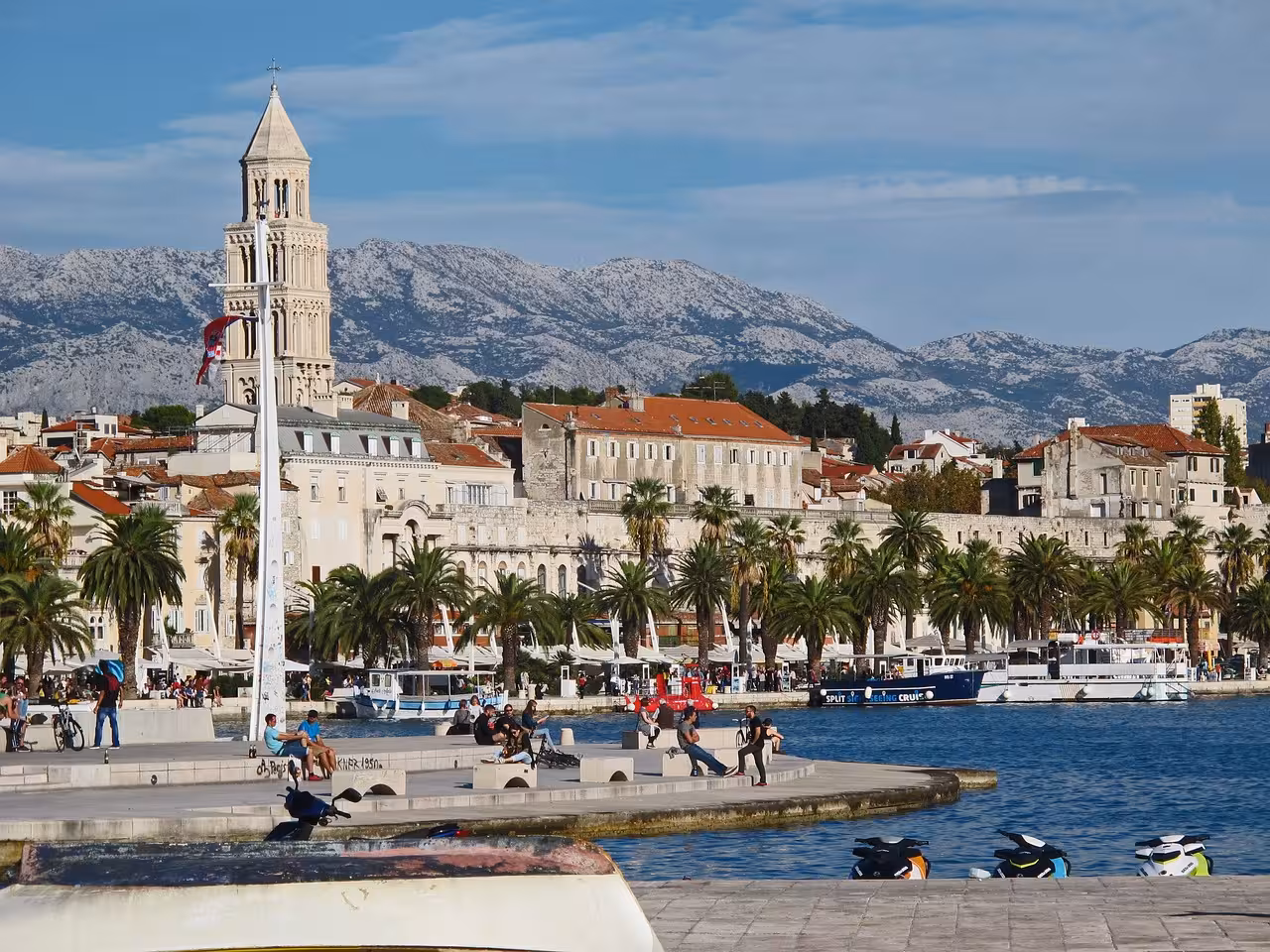 Split Riva waterfront with Diocletian Palace bell tower views, a highlight on the Split history walking tour
