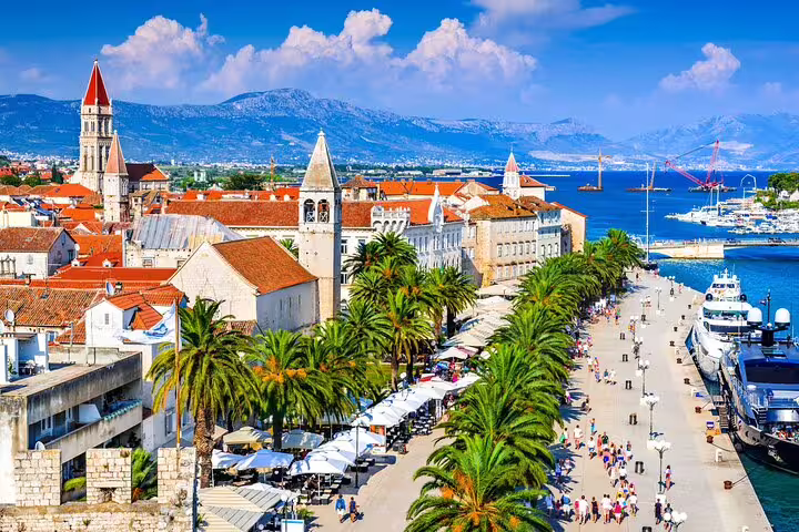 Aerial view of Split Riva promenade, Old Town rooftops and marina, great for Split scavenger hunt highlights tour