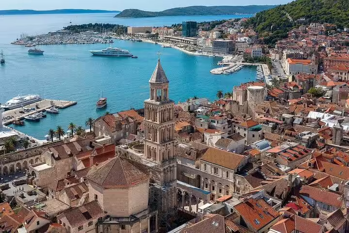 Split old town and harbor view with Cathedral of Saint Domnius, ideal cruise ship shore excursion to Trogir