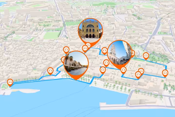 Self-guided audio walking tour map of Split with orange pins marking Diocletian's Palace and waterfront landmarks