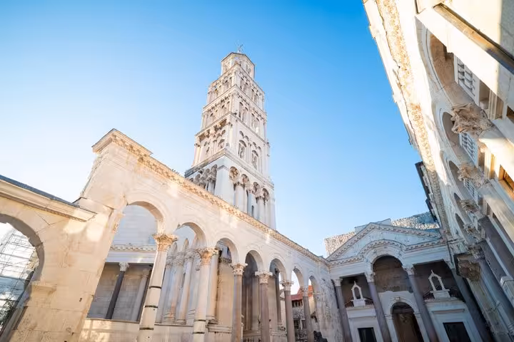 Diocletian's Palace peristyle courtyard with medieval bell tower, Split, Croatia