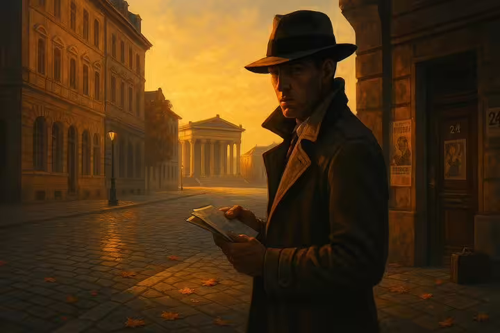 Man in hat and coat reading a map on a cobblestone street in Munich Old Town at golden hour