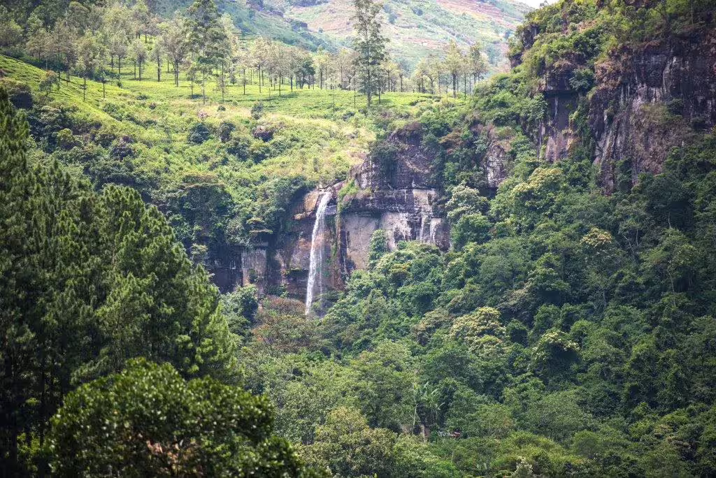 Scenic view of lush green hills and cascading waterfall in Sri Lanka's picturesque landscape.