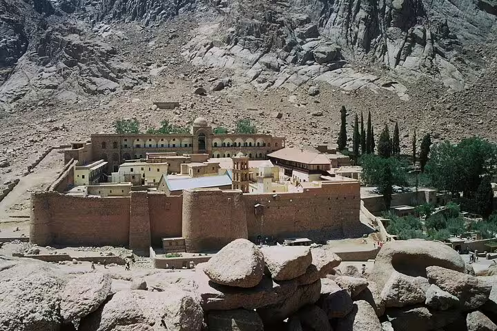 St Catherine Monastery at Sinai foothills, key stop on overnight tour from Cairo to Mount Sinai, Egypt