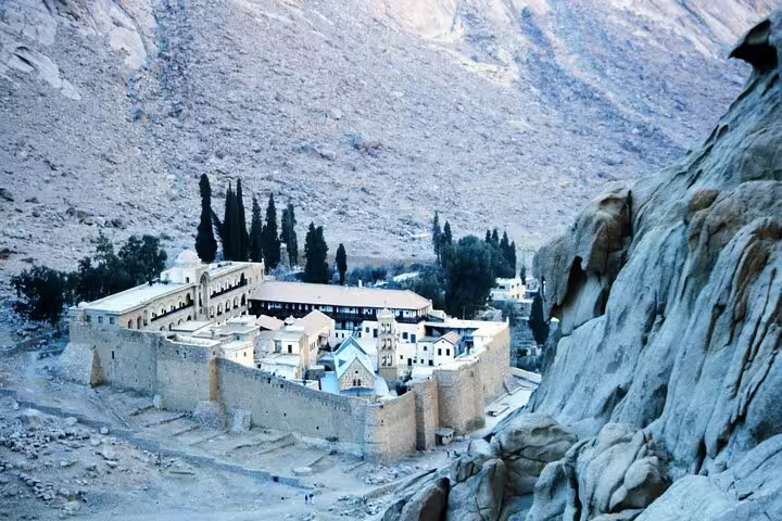 Aerial view of St Catherine Monastery at the foot of Mount Sinai, stop on private overnight tour from Dahab