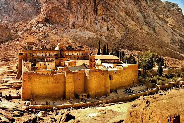 Panoramic view of St Catherine Monastery at Mount Sinai, stop on private day tour from Sharm El Sheikh