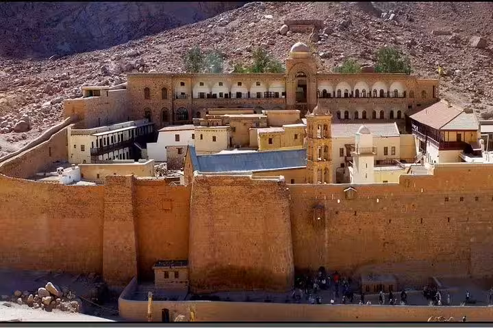 Panoramic view of St Catherine Monastery fortress in Sinai Mountains on private day trip from Sharm El Sheikh