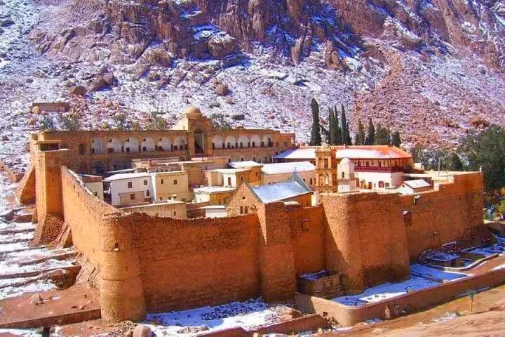 Panoramic view of St. Catherine’s Monastery fortress in Sinai, a highlight of Dahab city tour from Sharm