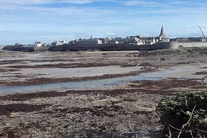 Low tide mudflats with St Malo historic walled city and church spire in background, Brittany France