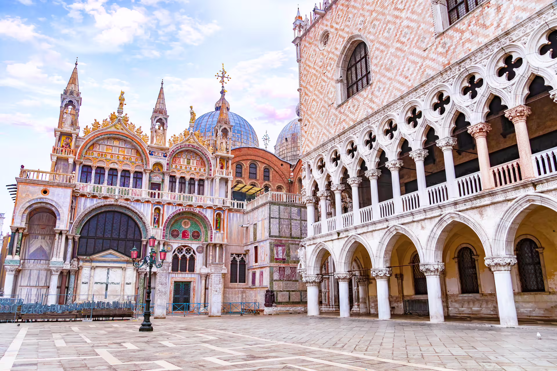 Close-up of St. Mark’s Basilica and Doge’s Palace facades visited on a private Venice highlights tour with bell tower entry