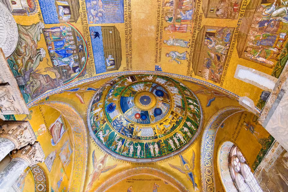 Intricate golden mosaics of St. Mark's Basilica dome, showcasing biblical scenes and vibrant artistry in Venice.